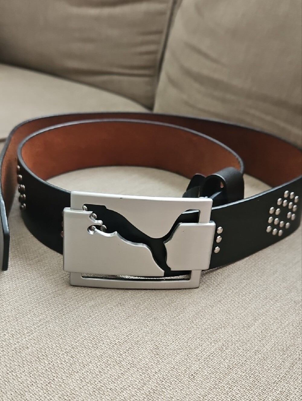 Puma Leather Studded Men's Belt with Silver Puma Buckle - Black Size LARGE